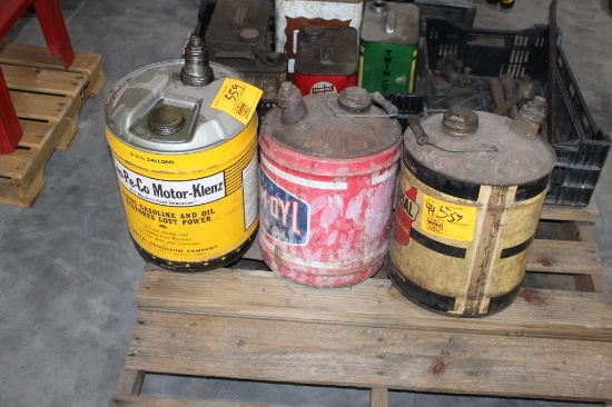 (3) 5 GAL OIL CANS, IMPERIAL, FARM OIL, CEN-PE-CO MOTOR KLENZ, ONE MONEY
