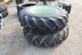 (2) 16.9-34 TIRES ON M&W 9 BOLT RIMS, ONE MONEY FOR THE PAIR