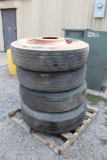 (4) LO PRO 22.5 TIRES, ON STEEL HUB PILOT RIMS, ONE MONEY FOR ALL