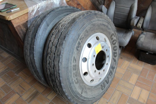 (2) 315/85R22.5 Truck Tires on Alum Hub Pilot Rims, Outside Polished For Front Axle