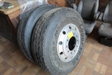 (2) 315/85R22.5 Truck Tires on Alum Hub Pilot Rims, Outside Polished For Front Axle