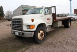*** 1995 FORD F SERIES, DIESEL, 6 SPEED, 10.00R22.5 TIRES, 8'X18' FLAT BED WITH STAKE POCKETS,