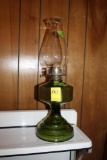 FROSTED GREEN OIL LAMP WITH CLEAR CHIMNEY