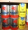 (4) METAL MOBIL OIL CANS, SOME HAVE DENTS, AND (2) PAPER PRESTONE HEAVY DUTY COOLING SYSTEM CLEANER