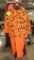 LARGE ORANGE CAMO HUNTING JACKET AND LARGE BIBS, AND LARGE NON-INSULATED ORANGE COVERALL