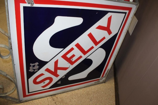 48"x48" SKELLY, Double Sided Porcelain Sign, 76x68" Overall Size, with Pipe Holder and