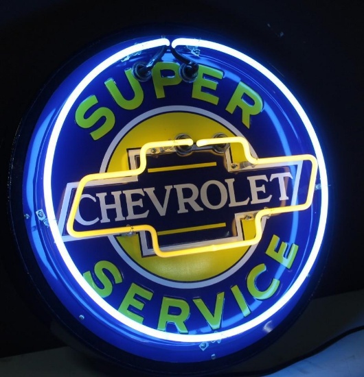 27" Round SUPER CHEVROLET SERVICE, 8" Neon Yellow/White Lights, Works, NO SHIPPING!