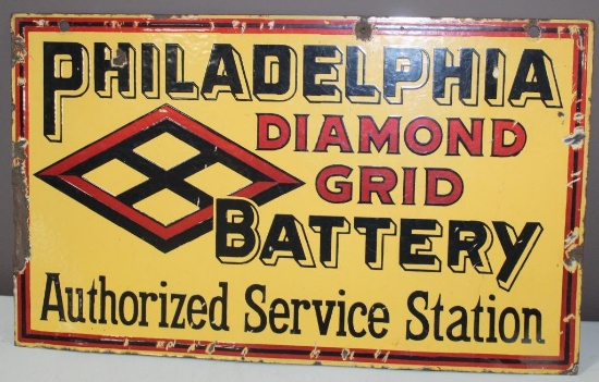 18"x30" PHILADELPHIA DIAMOND GRID BATTERY, Double Sided Porcelain Sign, Rare and Very Collectible
