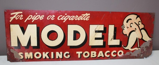 11.5"x34" "Model Smoking Tobacco" Single Sided Tin Sign, 2 Corners Have Damage