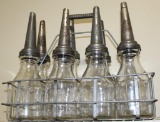 (8) 1 Quart Glass Oil Jars, With Metal Spouts, In Wire Carrier