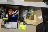 2 BOXES OF TOWELS, DUCT TAPE, BRUSHES, SPONGES, SHAMMIES