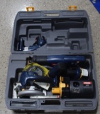 RYOBI 18 VOLT, SAW, DRILL, FLASHLIGHT, CHARGER, RECIPROCATING SAW, IN CASE