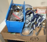 4 BOXES OF BIKE HOOKS, BRASS BELLS, BRASS FITTINGS, CAR PARTS, WEATHER STRIPPING, MUCH MORE