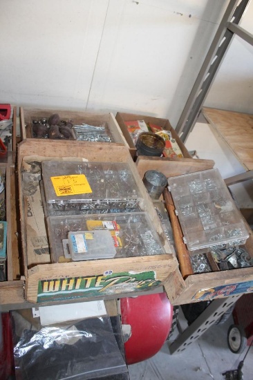 (4) BOXES OF SCREWS, WASHERS, DOOR KNOBS AND MORE