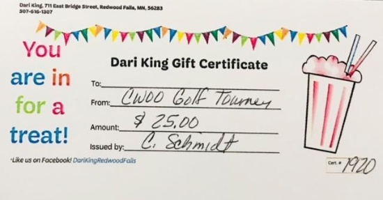 $25 GIFT CERTIFICATE FROM DARI KING