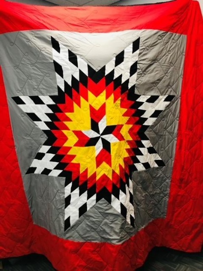 QUEEN SIZED STAR PATTERNED QUILT, DONATED BY LAVERNE GOODTHUNDER
