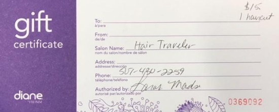 HAIR TRAVELER GIFT CERTIFICATE FOR ONE FREE HAIRCUT