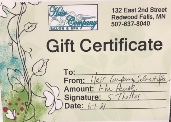 GIFT CERTIFICATE FROM HAIR COMPANY SALON AND SPA FOR A ONE HOUR FACIAL