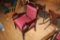 Wood Chair with Carved Swan Armrests, red fabric back and cushion