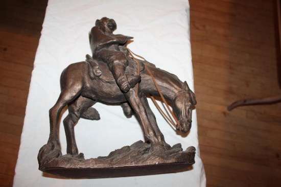 Cold Rider on Horse Plaster Sculpture, 18"hx14", Leather Reins