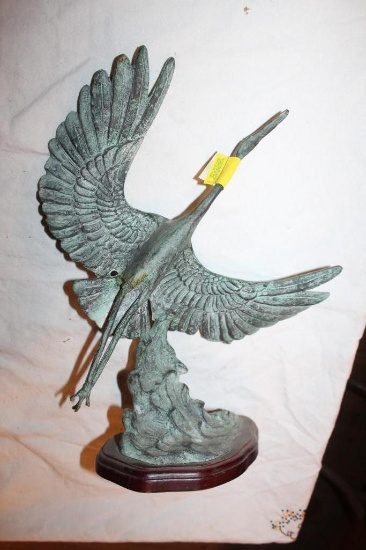 Bird Flying Sculpture, Metal, on Wood Base, 15"hx12"