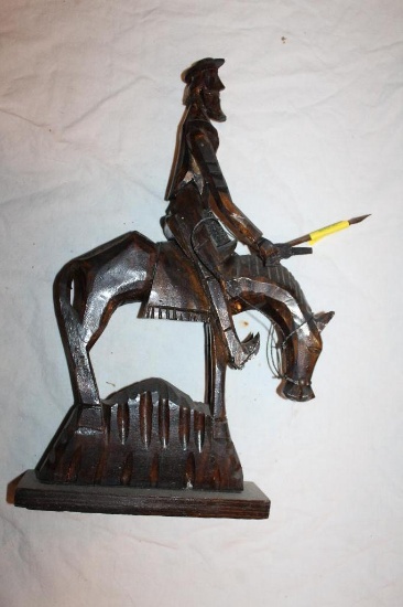 Cowboy on Horse Wood Carving, Front of hat appears to be missing, 15"hx11"
