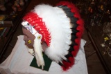 Native American Headdress, Bells, Beads, Minkskins, Horsehair, Handmade, with display stand