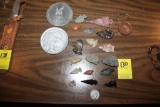 (17) Indian Arrowheads, (2) Commemorative Coins, State Bank of Boyd Keychain