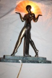 Brass Woman holding glass fan,, on stone base, backlit lamp, works, 19