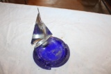 Blue Glass Ashtray with Brass Sailboat