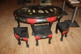 Asian Table with (6) Stools, Hand Painted, Figures on Table & Stools are 3D, 33