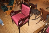Wood Chair with Carved Swan Armrests, red fabric back and cushion