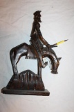 Cowboy on Horse Wood Carving, Front of hat appears to be missing, 15