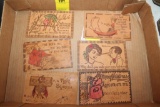 Old Postcards, (6) Leather, some stamped 1907, (1) Wood Postcard, Embossed holiday cards,