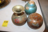 (3) Decorative Painted Brass Pots