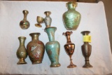 (9) pcs, Brass Vases, Pots, some engraved, some painted, some made in India