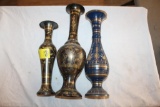 (3) Brass Vases, Engraved, Painted, Made in India, 15