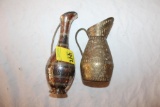 (2) Brass Pitchers, Engraved, one is painted, Made in India