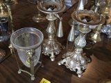 (2) Metal Candleholders with Snuffers, (1) Brass Lionhead Glass Vase Holder