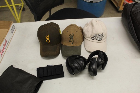(2) SETS OF EAR PROTECTION, (2) BROWNING CAPS, KIMBER CAP