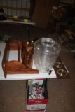PLASTIC WATER COOLER AND GLASSES, CARNIVAL GLASS PITCHERS, SHELF