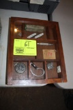 SHADOW BOX, (2) TROJAN POCKET KNIVES, PIONEER BULLET PENCIL, POCKET WATCH, WRIST WATCH