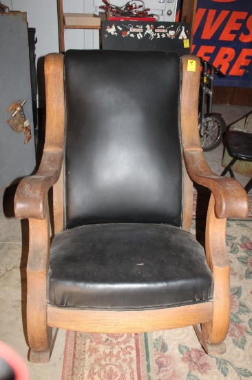Large Wooden Rocking Chair with Black Leather Seat