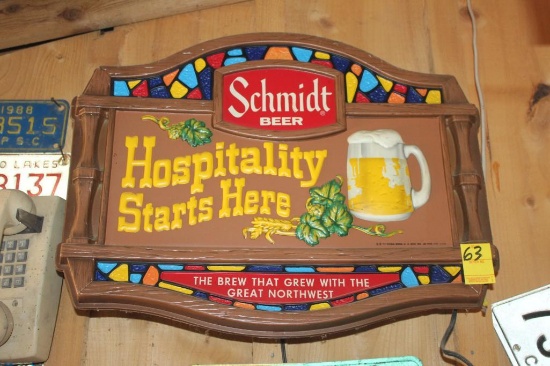 16"x22" Schmidt Beer "Hospitality Starts Here" Sign, Plastic