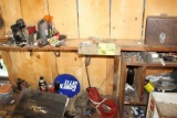 Misc On Top of Wooden Work Bench, Starting Fluid, Frisbees, Spark Plugs