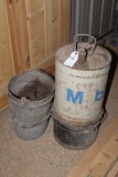 Mobil 5 Gallon Oil Can (3) Small Metal Pails