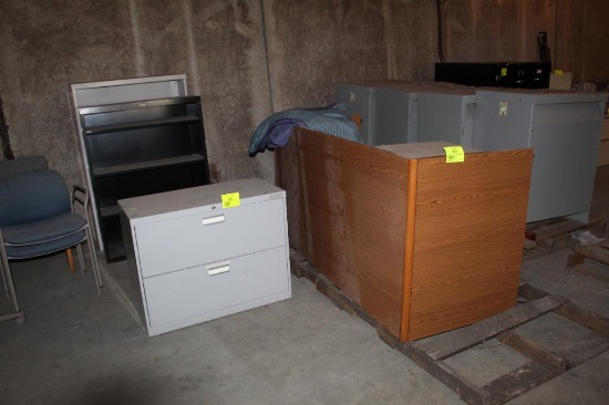 "72x36"x29" Wooden Desk, 2 Drawer Legal Cabinet, (2) Metal Shelves