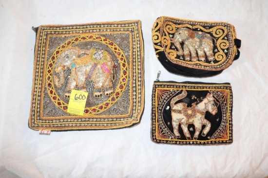 (3) Beaded Purses, Zipper Tops, made in Myanmar, (2) Elephant , (1) Horse