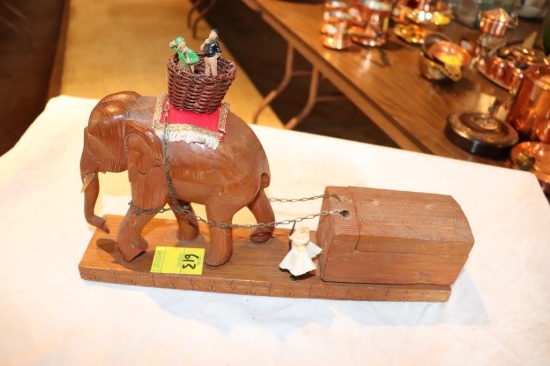 Wood Carved Elephant Pulling Box, Basket on back with people, Hinged top on Box, (5) Carved Jungle