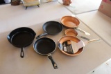 CAST IRON FRYING PAN, (2) COPPER FRYING PANS, (2) OTHER FRYING PANS